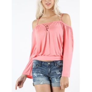Long‎ sleeve spaghetti strap open shoulder top